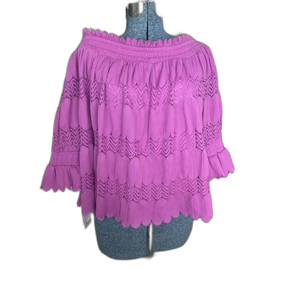Lane Bryant Smocked Off The Shoulder Pink Ruffled Tiered Lace Pleated Top 22/24 - Picture 3 of 7